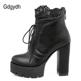 2021 Autumn Women Lacing Platform Boots High Heels Female Black Platform Heels Spring Short Boots Ladies Shoes for