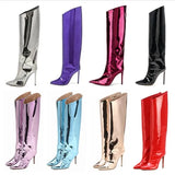 Women's High Boots Gold Silver Pointed Toe Knee-high Boots For Woman Sexy High Heels Party Shoes Ladies Stiletto botas