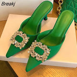 Sexy Pointed Toe Stiletto High Heels Mules Slippers Sandals Fashion Crystal Buckle Design Slip-On Pumps Women Shoes