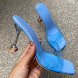 Crystal Heel Slippers Women's Summer New Fashion Wine Glass Heel Square Toe Fashion Sandals Large Size