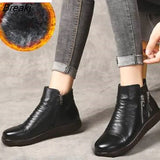 genuine leather boots women plush snow boots mom shoes designer zipper wedges shoes woman ankle