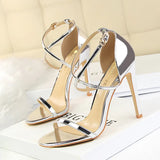 Breakj Fashion Sexy Nightclub Open Toe Metallic Cross Strap Heel High Heel Sandal Women's High