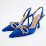 Women Slingback Sandals Crystal Bowknot Thin High Heel Pumps Shoes Ladies Elegant Shallow Pointed Toe Mules Slip on Party