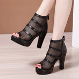 2022 Peep Toe Sandal Boots Mesh Summer Heels Women's High Heeled Platform Shoes Hollow Out Square Heel Back Zip