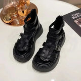 Sandals Woman Leather Low-heeled PU Rome Slides Fabric Hoof Heels Rubber Low Sandals Woman Leather Low-heeled Slides