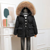 New Winter Women Thick Warm Large Real Fur Hooded Down Jacket 90% White Duck Down Coat Waist Retractable Parker