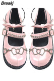 Great Quality Lolita Cosplay Black Pink Wedges Pumps Platform Heart Women Mary Janes Buckle Strap Gothic Shoes
