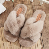 Women Warm Fluffy Slippers Cozy Faux Fur Cross Indoor Floor Slides Flat Soft Furry Ladies Female Celebrities Flip
