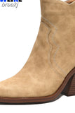 Sale Leather Western Ankle Boots Women Point Toe Square Heels Short Boots Autumn Winter Cowboy Knight Boots Woman
