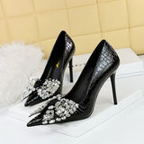 Breakj Korean Version Of Fashion Banquet High Heels Fine Heel Super High Heel Shallow Mouth Pointed Water Diamond Bow Single Shoe