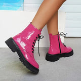 2023 Fashion Pink Motorcycle Boots Women Pu Leather Platform Ankle Boots Woman Autumn Winter Plus Size Lace Up