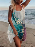 Vintage Print V Neck Dress 2022 Spring Loose Ladies Mini Dress Summer Beach Off Shoulder Sleeveless Strap Party Dress