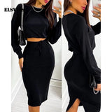 Commute Women Casual Printed Long Sleeves T-shirt Skirt Two Piece Set Autumn Elegant High Waist Office Lady Vestidos