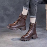 / Winter 2023 New Soft Leather Ankle Boots Female Retro British Thick Heel Thick Bottom Net Red Soft Leather And Velvet Medium Tube Martin