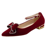 Pointed Toe Bride Shoes for Wedding 2023 Luxury Pearls Ankle Strap Flock Pumps Woman Bowknot Sqaure Heels Party Shoes