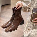 Breakj Brown Square Head Thick Heel Short Boots Women's Spring And Autumn Single Boots 2024 New Rear Zipper Martin Boots Women's