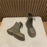 Women Shoes PU Leather Round Toe Flat Platform Ladies Boots Lace Up Zipper Boots Mid-Calf Boots Autumn Black Beige