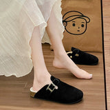 Fashion Women Winter Cork Slippers Closed Toe Artificial Fur Inside Low Heel Casual Soft Warm Fluffy Slide