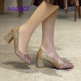 Colors Bling High heels pumps women shoes 2019 spring autumn shoes women Fashion Shallow Pointed Square heel Wedding