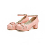 Lolita Shoes Women High Heels Vintage Hollow Flowers Ankel Strap Bow Cute Girls Princess Party Students Lovely Pumps Size