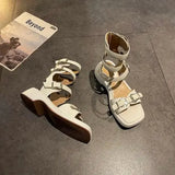 Sandals Woman Leather Low-heeled PU Rome Slides Fabric Hoof Heels Rubber Low Sandals Woman Leather Low-heeled Slides