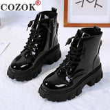 Toe Med Heel Boots Women Shoes Autumn Boots-women Booties Ladies Lace Up Luxury Designer Lolita Black 2021 Rubber