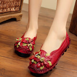 35-42 Genuine Leather Summer Flats Women Soft Slip-On Flat Shoes Black Red Floral Mom Loafers Moccasin Lady Designer