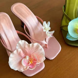 Handmade Asymmetric Flower Sandals Women 2025 New Silk Satin Clip Heel Half-Wtwing High