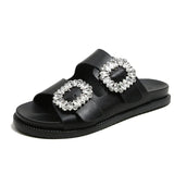 Brand Rhinestone Buckle Sandals Women Double Band Slippers Crystal Shoes Ladies Casual Slides Slip On Flat Heels Flip