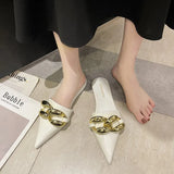Women's Mules Shoes Pointed Toe Low Heel Women's Slippers Summer Metal Chain Female Sandals Woman Closed Toe Casual