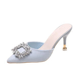 Female 2023 High Quality Mules Pumps Summer New Square Rhinestone Women Slippers Sexy Pointed Toe Thin Heels Party