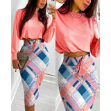 Commute Women Casual Printed Long Sleeves T-shirt Skirt Two Piece Set Autumn Elegant High Waist Office Lady Vestidos Set