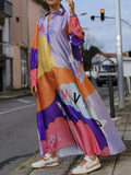 Fashion Prints Patchwork Loose Long Dress Elegant Lapel Single-breasted Maxi Shirt Dress Spring Autumn Women Long Sleeve