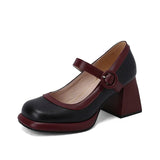 Breakj Jane Shoes Patchwork Color Square Head Thick Heel Shallow Mouth Large Size Women's Shoes High Heel Shoes