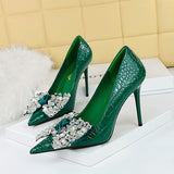 Breakj Korean Version Of Fashion Banquet High Heels Fine Heel Super High Heel Shallow Mouth Pointed Water Diamond Bow Single Shoe