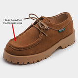 Size 34-41 Women Casual Loafers Real Leather Flats Platform Shoes For Women Chunky Heel Retro Ladies Lace-Tie