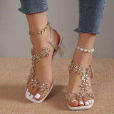 Women Sandals 2023 Summer Crystal Flower Decoration Chunky Heel Peep Toe Back Strap Elastic Band Elegant Fashion Women's