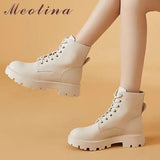 Women Genuine Leather Motorcycle Boots Round Toe Lace Up Shoes Thick Med Heel Ladies Ankle Boots 2021 Autumn Winter