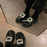 Crystal Buckle Loafers Woman Patent Leather Oxfords Traf Thicken Soled Platform Flats Ladies Lolita Shoes Boat