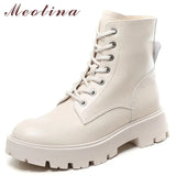 Women Genuine Leather Motorcycle Boots Round Toe Lace Up Shoes Thick Med Heel Ladies Ankle Boots 2021 Autumn Winter