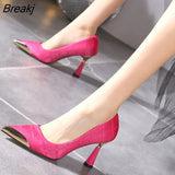 High Heel Pumps Metal Pointed Stiletto Shallow Women's Gentle Black Green Shoes Spring/Autumn Sexy Zapatos Mujer De