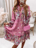 Fashion Flare Sleeve Women Party Dress Spring Vintage Floral Print Loose Dress Lady Elegant V Neck Ruffle Beach Pullover