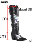 Big Size 34-43 Women Knee High Boots Cowboy Autumn Thick High Heels Pointed Toe Retro Butterfly Long Boots Shoes
