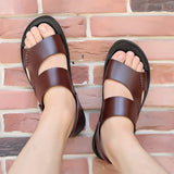 Summer New Fashion Men Shoes Vintage Real Leather Non-slip Beach Slip-On Sandals Travel Flip Flop Slippers Black