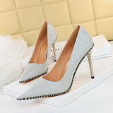 Breakj Retro Stone Grain High Heels Women's Shoes Heel High Heel Shallow Pointed Metal Beads Rivet Women's Singles