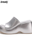 Platform Sandals For Women Wedge Slingback Fashion Metallic Glitter Open Toe Slipper Shoes Summer Casual Slip On