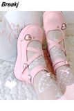 Great Quality Lolita Cosplay Black Pink Wedges Pumps Platform Heart Women Mary Janes Buckle Strap Gothic Shoes