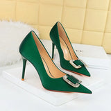 Breakj Fashion Banquet High Heels Fine Heel Shallow Pointed Satin Metal Water Diamond Buckle Single Shoe