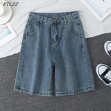 New Summer Women High Waist Blue Wide Leg Denim Shorts Casual Female Solid Color Streetwear Stright Jeans