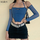 fashion casual patchwork letter Halter female t shirt summer mesh sleeve sexy off shoulder office lady slim wild t